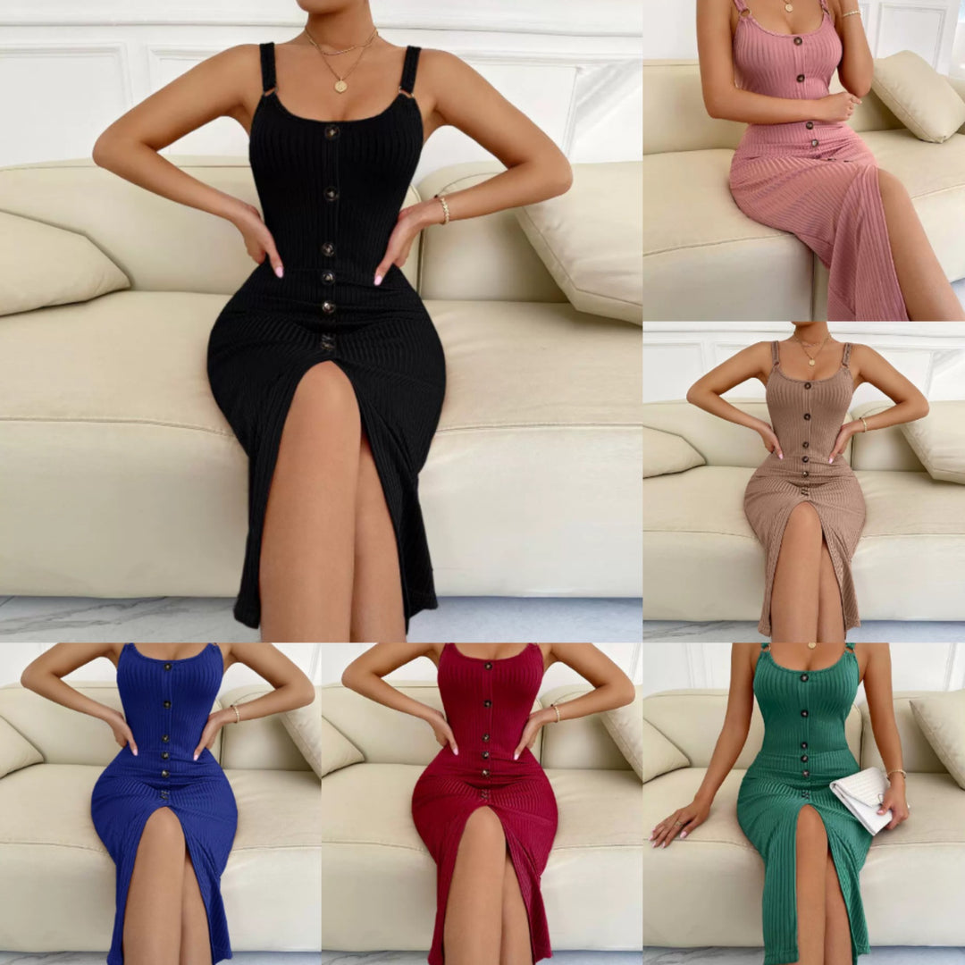 Damen knielanges figurbetontes Kleid mit Knopfleiste und Spaltung EB