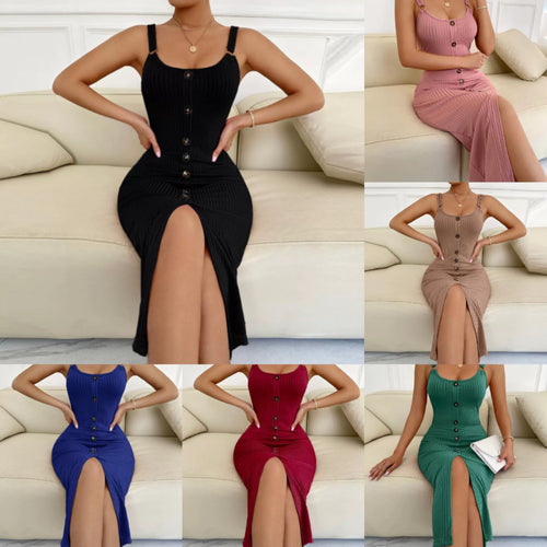 Damen knielanges figurbetontes Kleid mit Knopfleiste und Spaltung EB