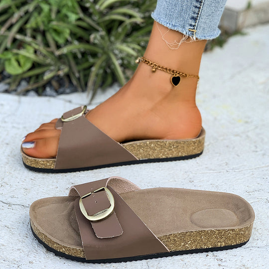 Damen Komfortable Fußbett-Sandalen mit breitem Riemen und glänzender Schnalle EB