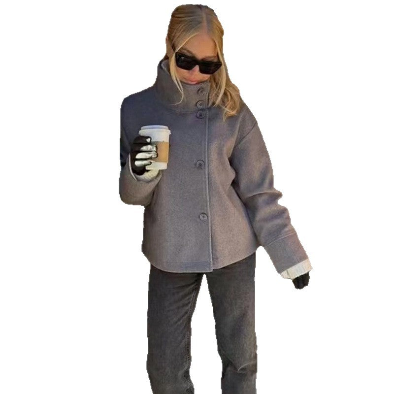 Damen Lässige Wolldecke-Jacke mit hohem Kragen und Knopfverschluss EB