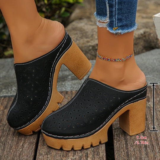 Damen Offene Clogs mit floralem Cut-Out Design und klobigem Absatz EB