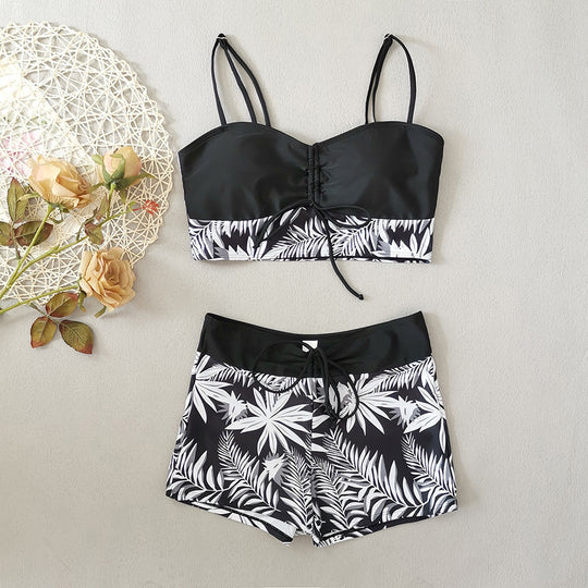 Damen Crop-Top Bikini mit floralem Design und bequemen Shorts EB