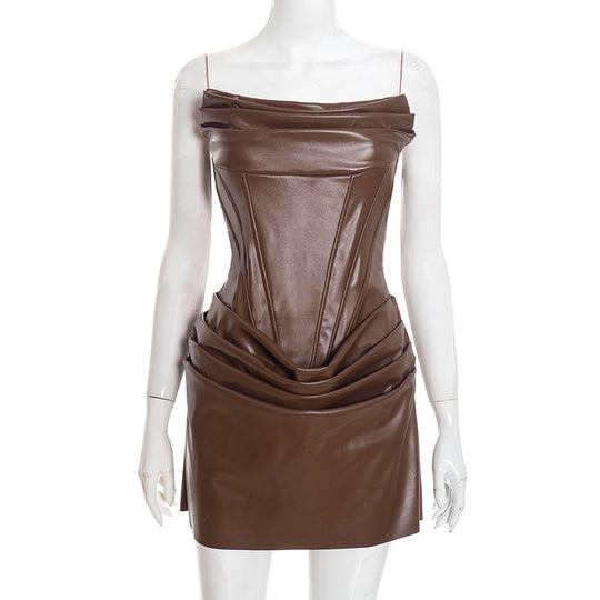 Damen Raffiniertes Minikleid aus hochwertigem Kunstleder mit drapierten Details EB