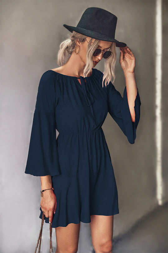 Damen Frühling Minikleid mit elastischem Taillenbund und voluminösen Ärmel EB