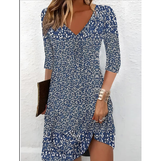 Damen V-Ausschnitt Kleid mit modernem Aquarellmuster EB