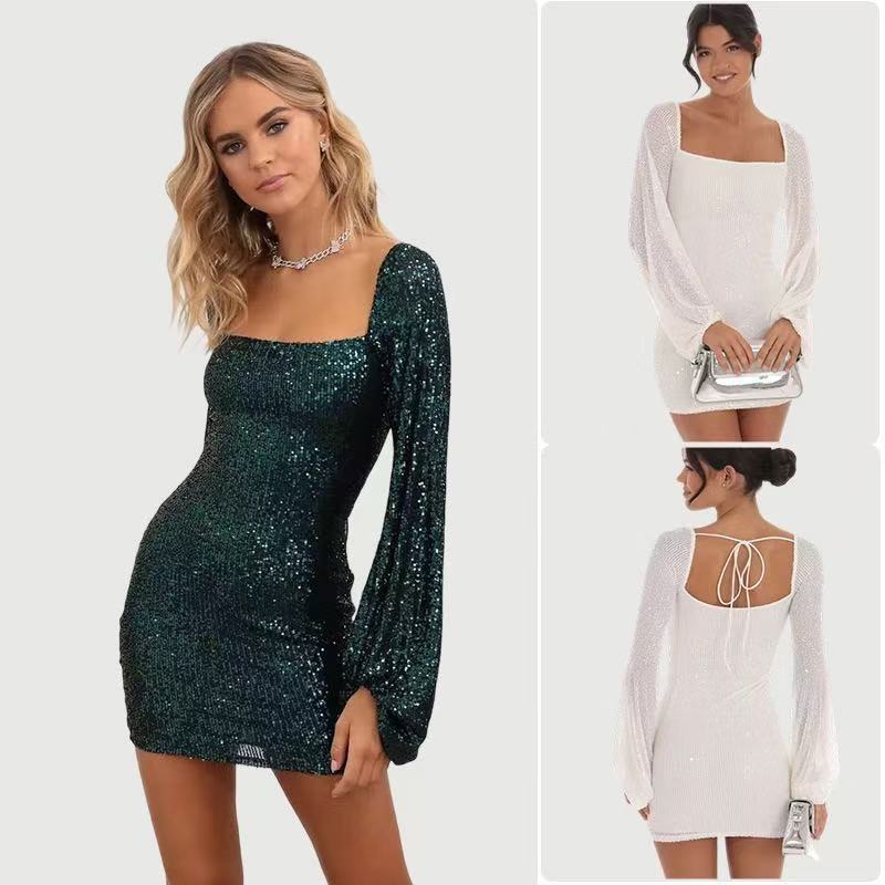 Damen Glamouröses Minikleid mit eleganten Puffärmeln und schimmernden Pailletten EB