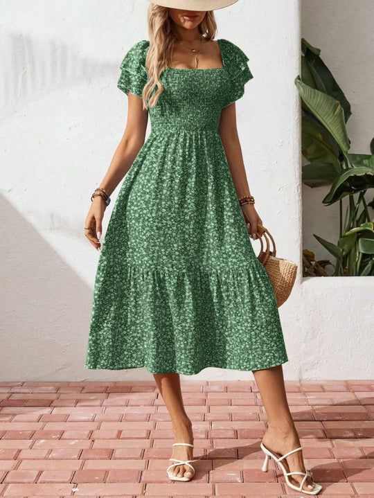 Damen Off-Shoulder Maxikleid mit floralen Mustern und elastischem Oberteil EB