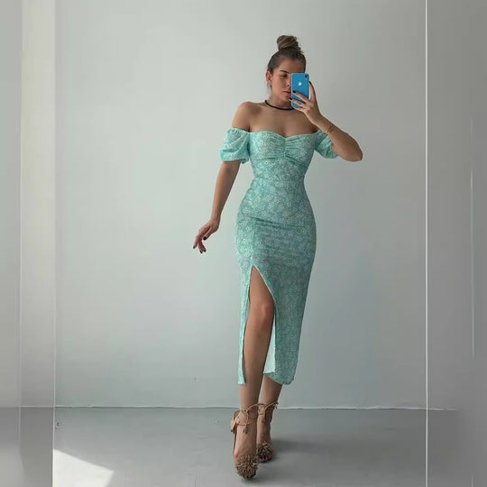 Damen Maxikleid mit schulterfreiem Design und floralem Druck EB