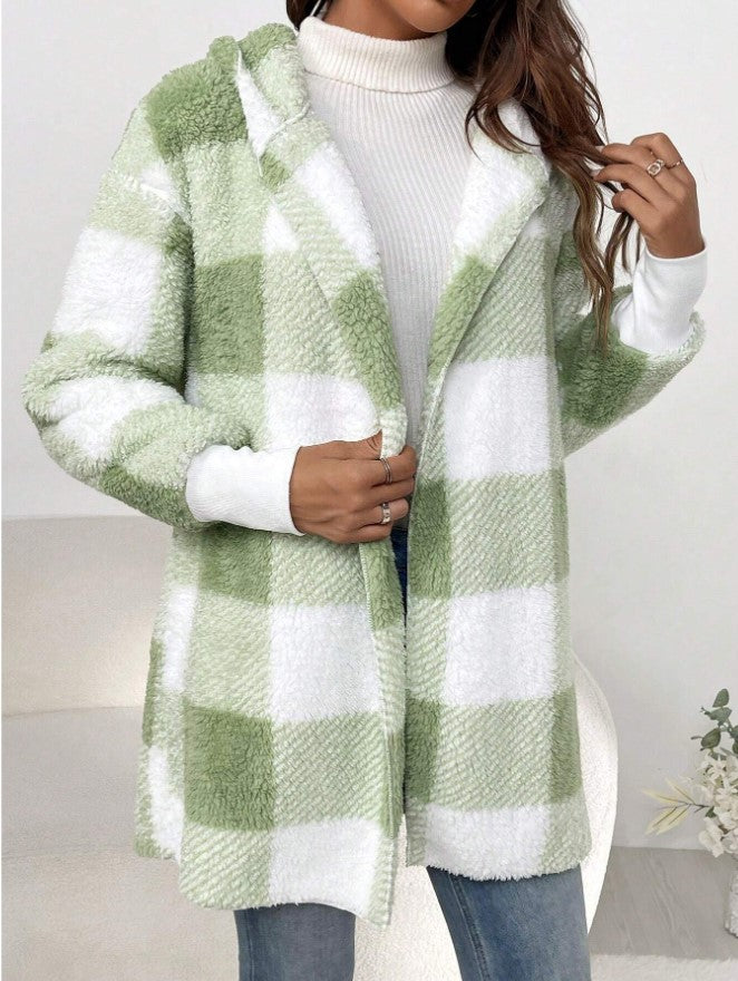 Damen nan karierter Teddy-Mantel mit großem Reverskragen und Rippbündchen EB