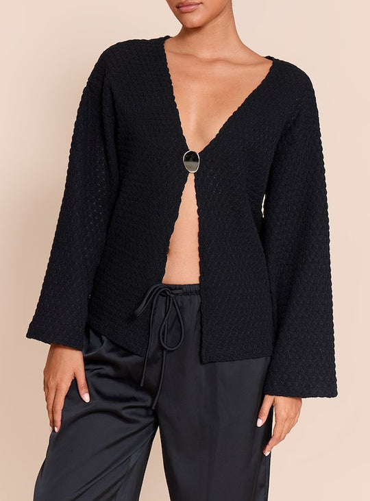Damen Strukturierter Waffelstrick-Cardigan mit tiefem V‑Ausschnitt, Ein-Knopf-Verschluss und lässigen Oversize-Ärmeln EB