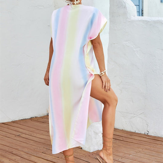 Damen lässiges Strandkleid mit V-Ausschnitt und luftigen Ärmeln EB