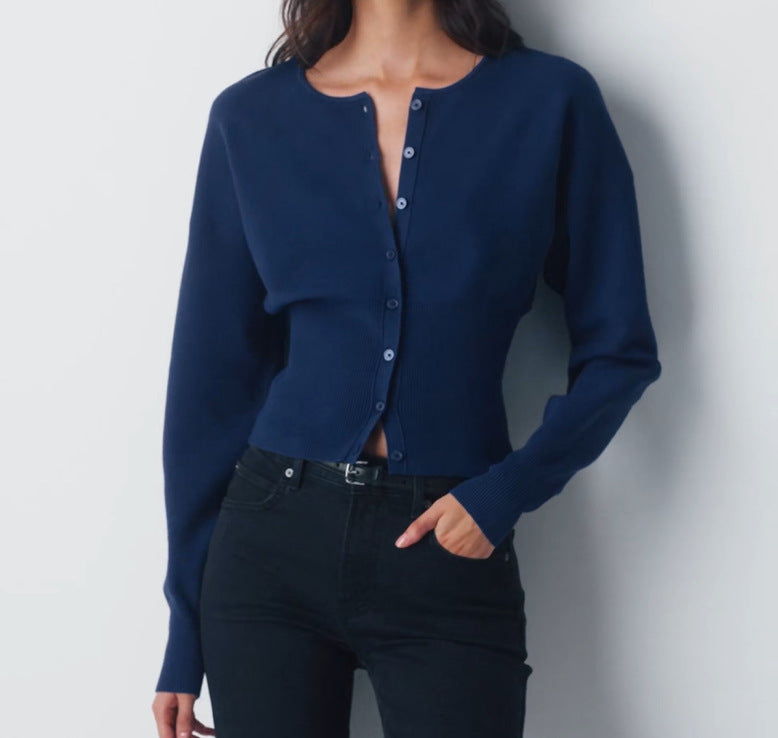 Damen Cropped Strickjacke mit Knopfleiste und Rippstrick EB