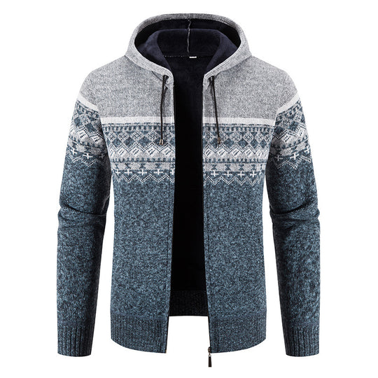 Herren nan gefütterte Strick-Zipjacke im Norwegerstil mit Kapuze und Thermofleece EB
