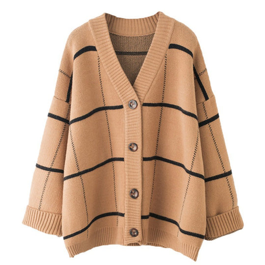 Damen Grobstrickjacke mit modischem Karo-Muster und praktischen Taschen EB
