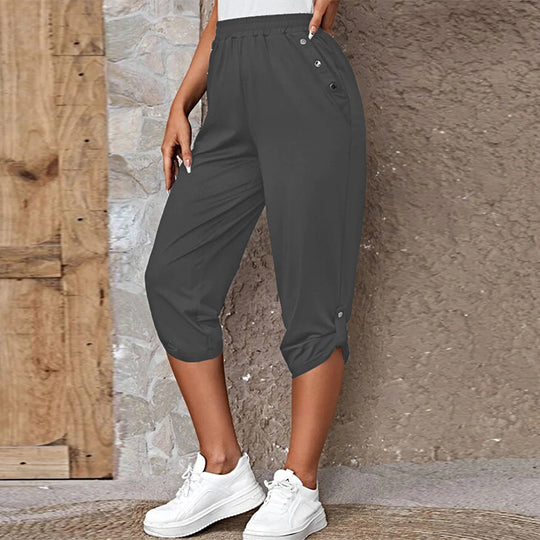 Damen nan lässige dreiviertellange Hose mit elastischem Bund, Eingrifftaschen und krempelbarem Saum EB