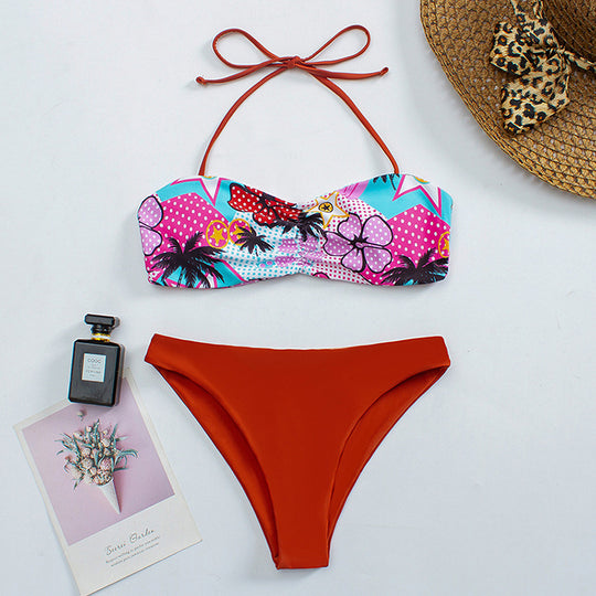 Damen Bandeau-Bikini mit floralem Muster und rutschfestem Design EB