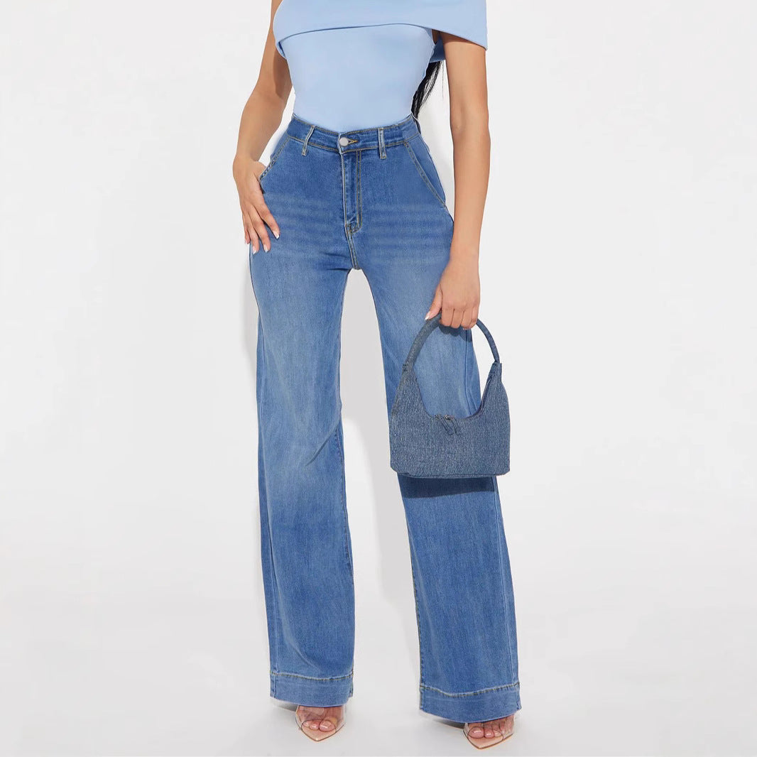 Damen Weite Denim-Hose mit hoch geschnittenem Bund und lässigem Schnitt EB