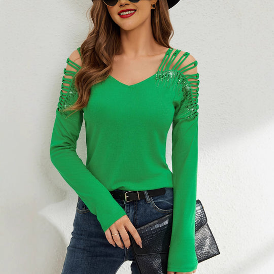 Damen Elegante Shirt mit kühlem Cut-Out und funkelnden Applikationen EB