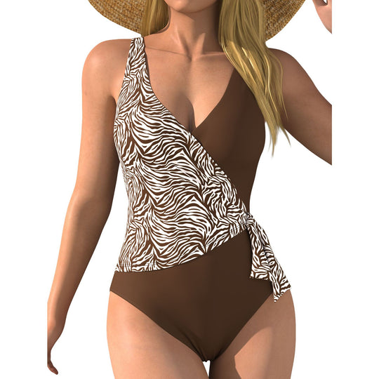 Damen Einteiliger Badeanzug mit Wickeldesign und Tiermotiv EB