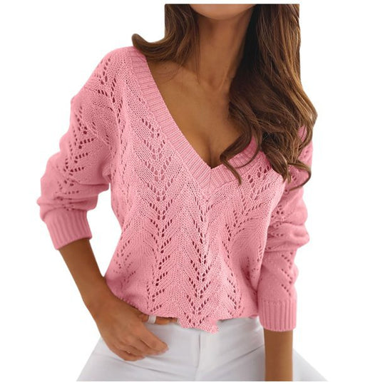 Damen V-Ausschnitt Strickpullover mit romantischem Zopfmuster EB