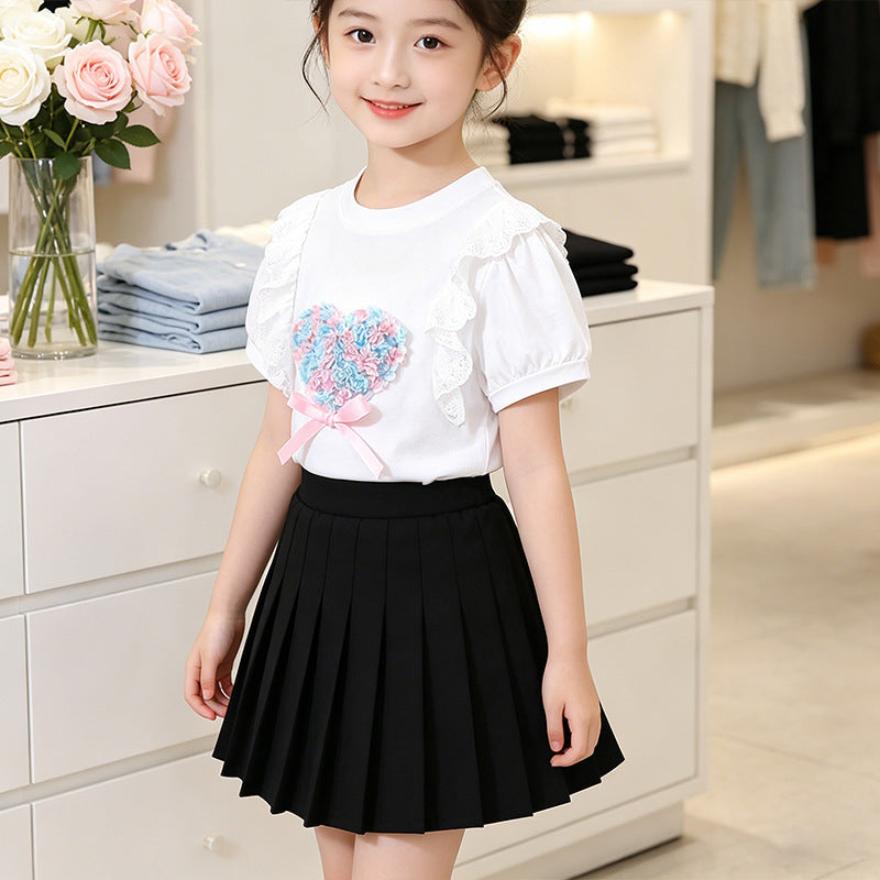 Mädchen T-Shirt mit Herzmotiv und Rüschendetails EB