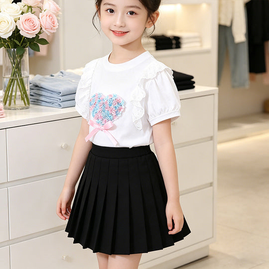 Mädchen T-Shirt mit Herzmotiv und Rüschendetails EB