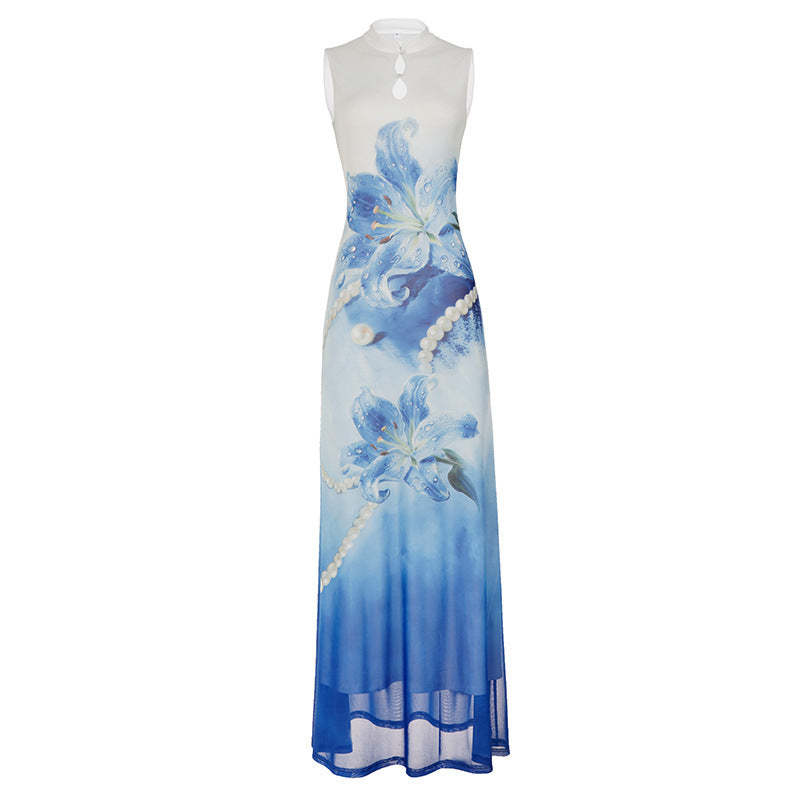 Damen Maxikleid mit floralem Druck und Perlenverzierungen EB