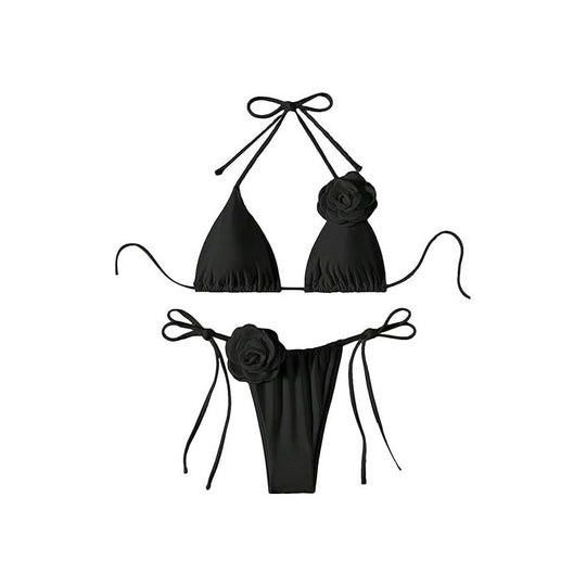 Damen Triangel-Bikini mit verspielten Blütenapplikationen und verstellbaren Bindebändern EB