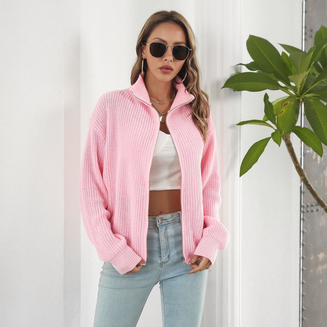 Damen lässiger Strickpulli mit hohem Kragen und Reißverschluss EB