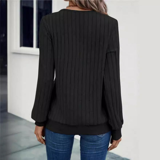 Damen Strickpullover mit V-Ausschnitt und dekorativen Rippdetails EB
