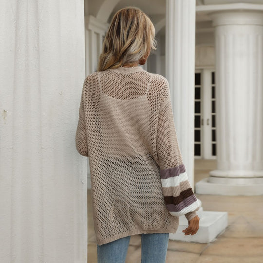 Damen lässiger Strickcardigan mit modischem Netzdesign und weitem Ärmel EB