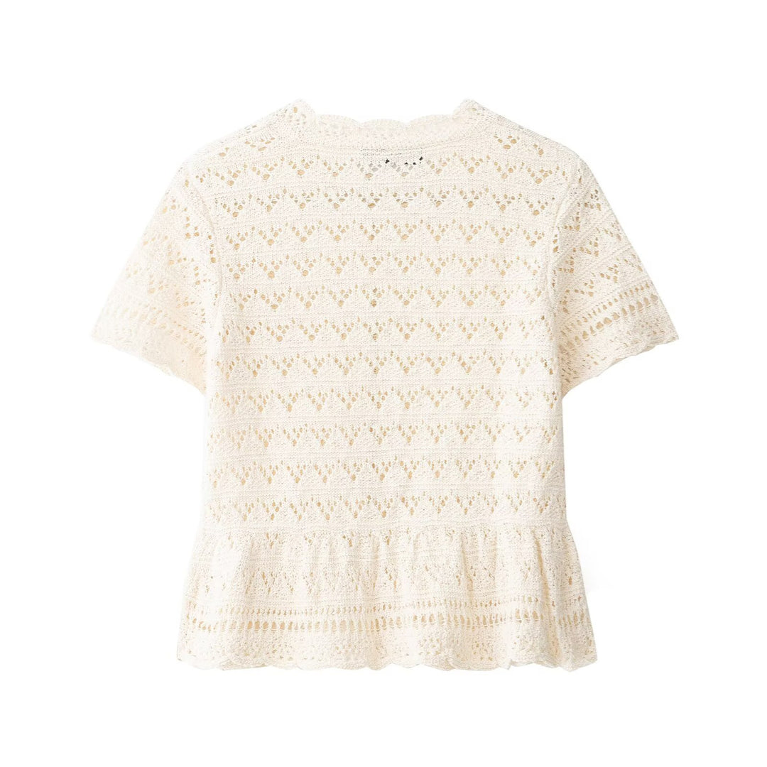 Damen feine Kurzarm-Bluse mit romantischem Spitzenmuster EB