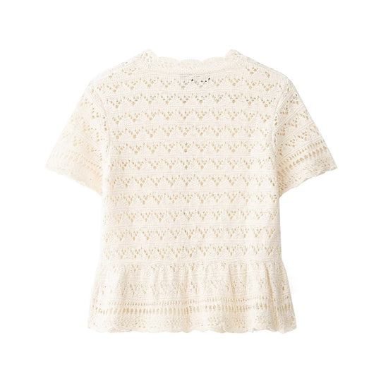 Damen feine Kurzarm-Bluse mit romantischem Spitzenmuster EB