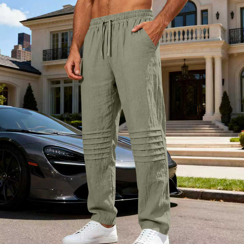 Herren Leinenoptik-Loungehose mit Tunnelzug elastischem Bund und abgesteppten Kniepanelen EB