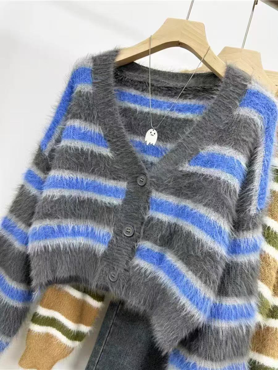 Damen lässiger Crop-Cardigan mit strukturiertem Streifenmuster und Knopfdetails EB