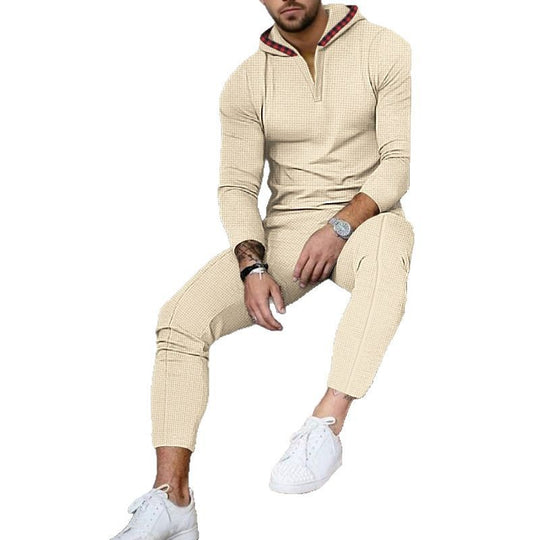 Herren nan Slim-Fit Waffel-Strick Kapuzen-Set mit Halbzip, kontrastgefütterter Kapuze und tapered Jogginghose EB