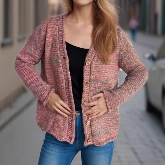 Damen Strickjacke mit kreativem Farbmuster und goldenen Knöpfen EB