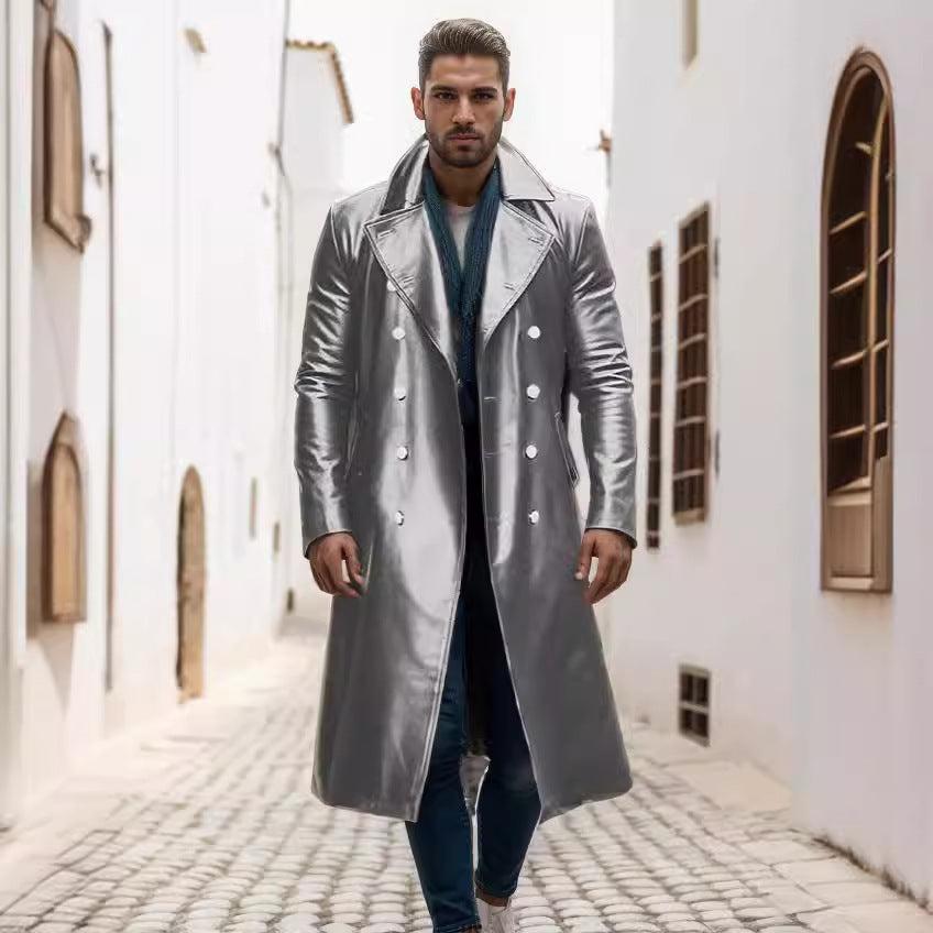 Herren hochwertiger Langmantel aus glänzendem Material mit doppelter Knopfreihe EB