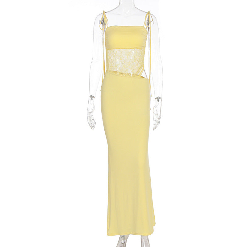 Damen elegantes langes Kleid mit raffiniertem Spitzenoberteil und verstellbaren Trägern EB