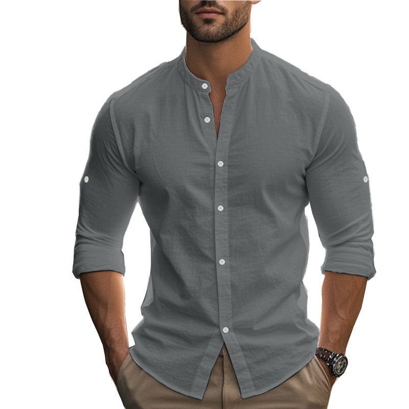 Herren Langarm-Hemd mit modernem Henley-Kragen und kontrastierenden Knopfdetails EB