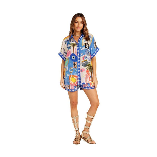 Damen Set aus leichtem, bedrucktem Kurzarmhemd und Shorts mit buntem Design EB