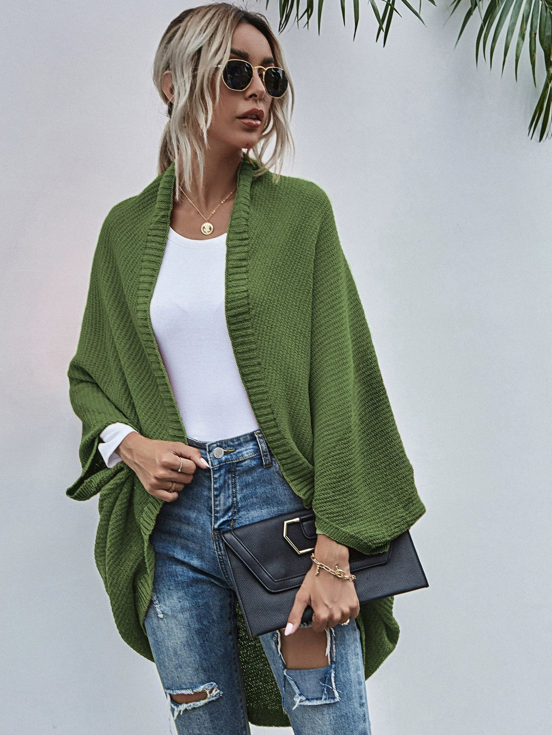 EB | Strickjacke Oversized Passform Wolle Strick Offen Front Fledermausärmel