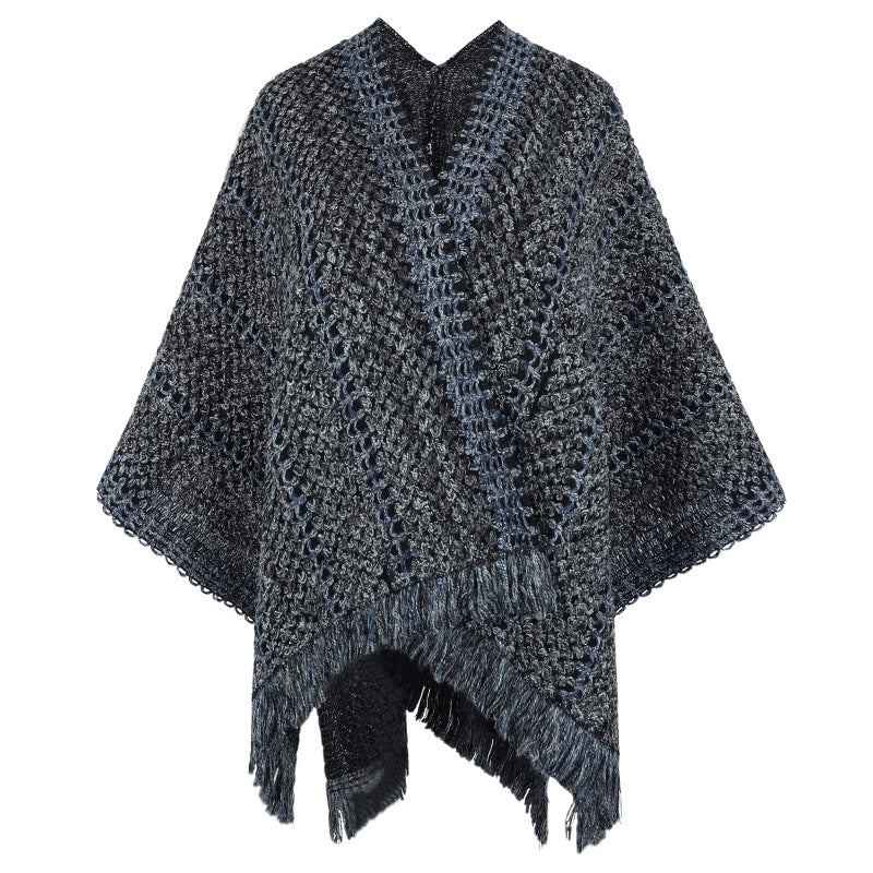 Damen Strickponcho mit V-Ausschnitt und Fransen EB