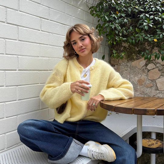 Damen weicher Strickcardigan mit großen Puffärmeln EB