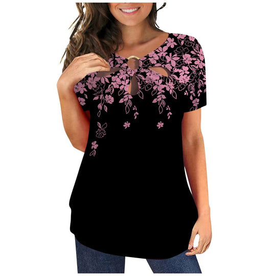 Damen elegantes Oberteil mit floralem Cut-Out-Design und glänzendem Ringeinsatz EB