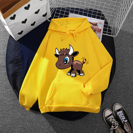 Damen nan Kapuzenpullover mit charmantem Stier-Karikaturprint, Kängurutasche und entspanntem Oversize-Schnitt EB