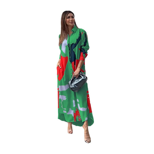 Damen lässiges Hemdblusenkleid mit buntem Grafikdruck und praktischen Taschen EB
