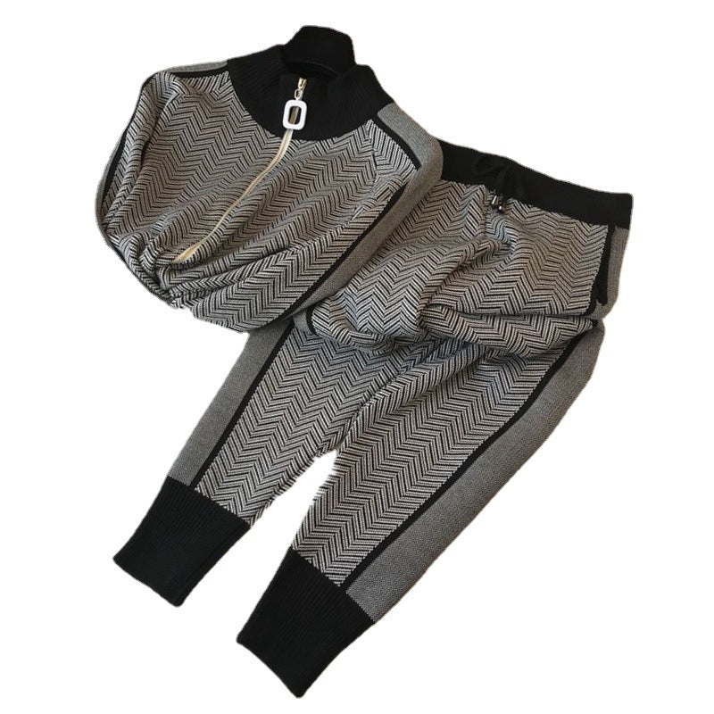 Damen modisches Strick-Loungewear-Set mit geometrischem Muster und elegantem Reißverschluss EB