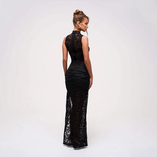 Damen Elegantes Spitzenkleid mit tiefem V-Ausschnitt und drapiertem Saum EB