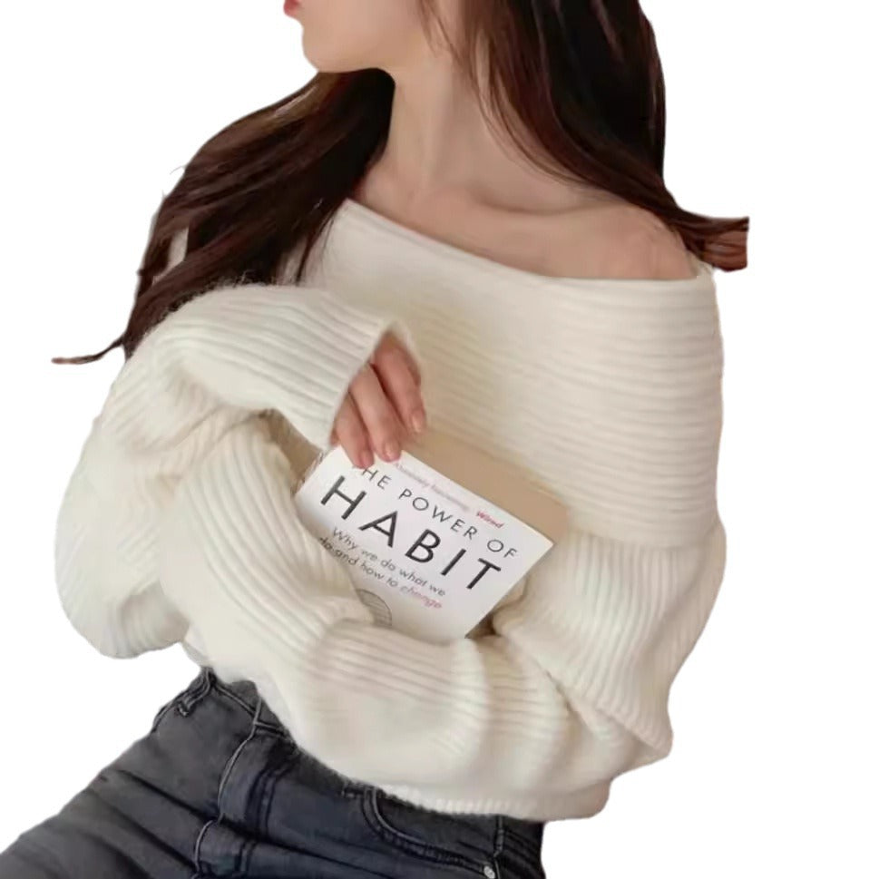 Damen Off-Shoulder Strickpullover mit elastischem Rippdesign EB